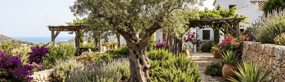 árbol olivo en jardín mediterráneo